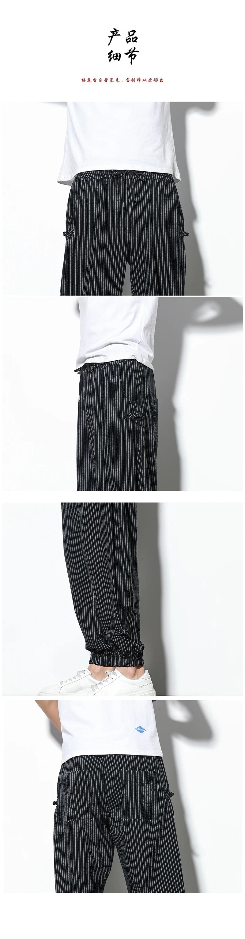 Japanese Style Summer Thin Section Stripes Harem Pants Men Cotton Fashion Disc Buckle Breathable Linen Pants Men Plus Size 5XL
