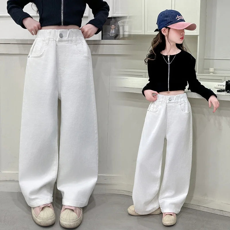 Girls Casual Trousers Cotton Spring Autumn Teenage Kid Straight Leg Pants Embroidered Butterfly Knot Wide Leg Pants for Children