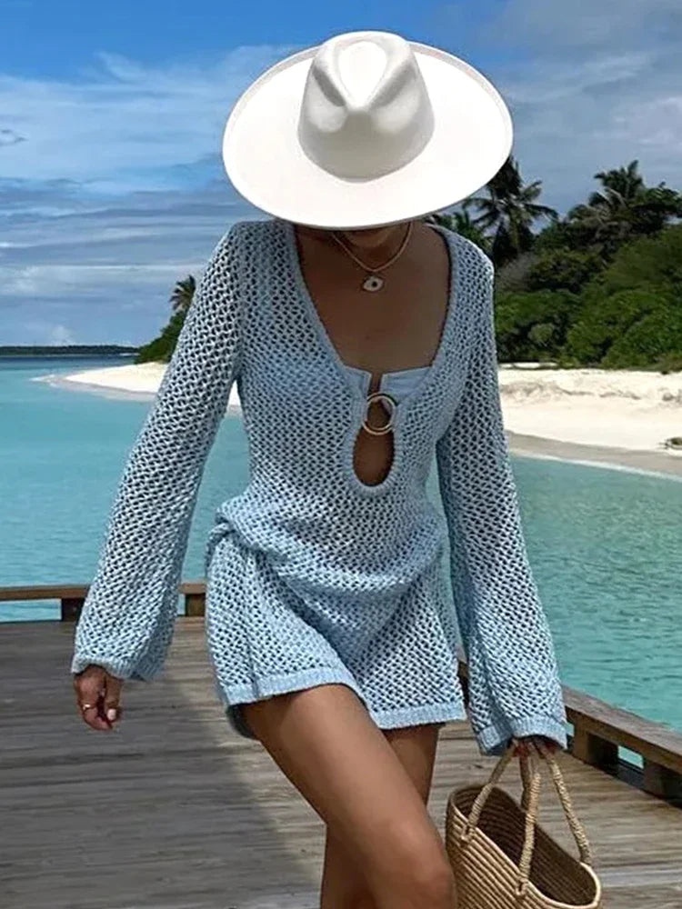2026 Sexy See-through Solid Knit V-neck Hollow Out Beach Mini Dress Summer Women Holiday Beachwear Swimsuit Cover Up Tunic A2862