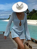 2026 Sexy See-through Solid Knit V-neck Hollow Out Beach Mini Dress Summer Women Holiday Beachwear Swimsuit Cover Up Tunic A2862