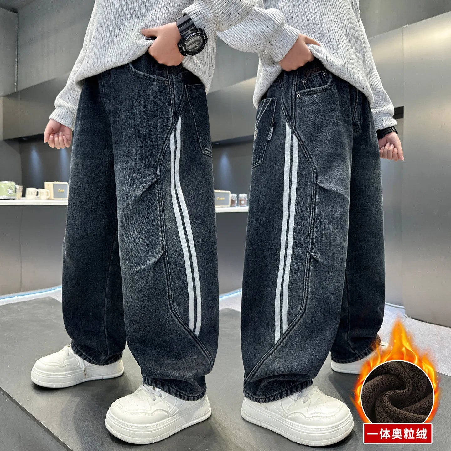 Boys Fleece Lined Jeans Side Stripe Autumn Winter Loose Soft Straight Leg Wide Denim Pants Warm Trousers for Teenage Children
