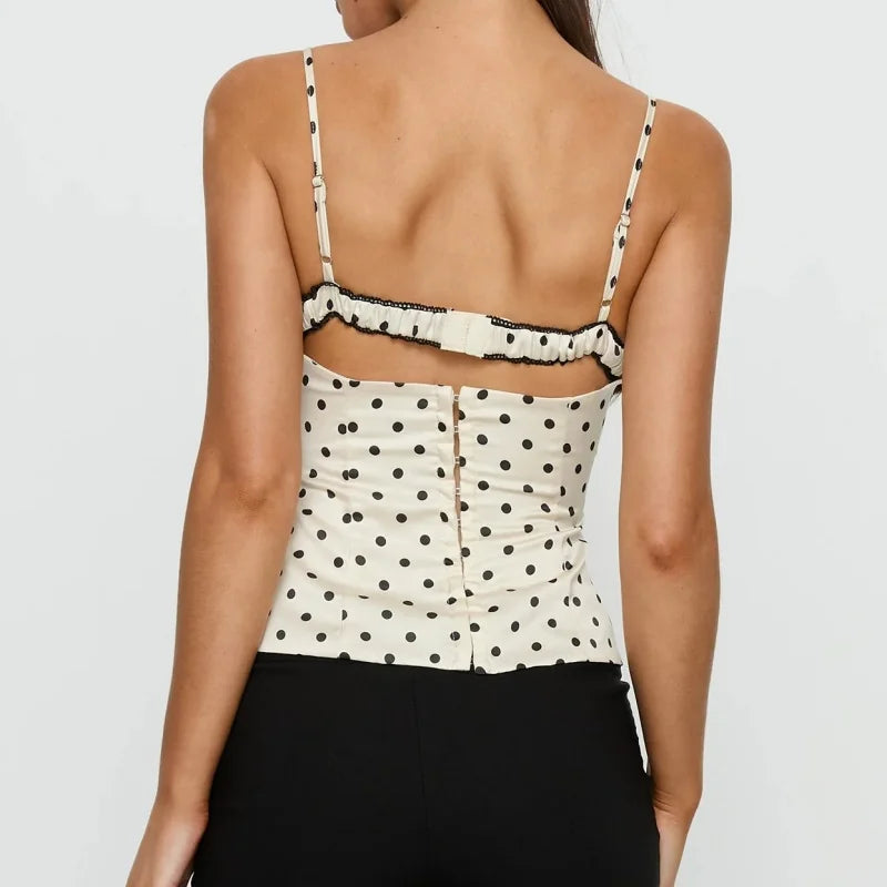 Women Polka Dot  Lace Trim Cami Top Sexy Backless  Sleeveless Slim Fitted Camisole Top Vintage Y2k Streewear