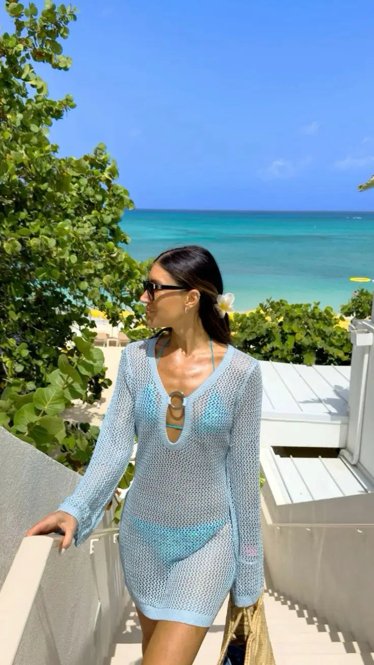 2026 Sexy See-through Solid Knit V-neck Hollow Out Beach Mini Dress Summer Women Holiday Beachwear Swimsuit Cover Up Tunic A2862