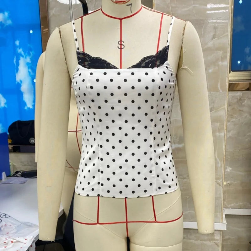 Women Polka Dot  Lace Trim Cami Top Sexy Backless  Sleeveless Slim Fitted Camisole Top Vintage Y2k Streewear