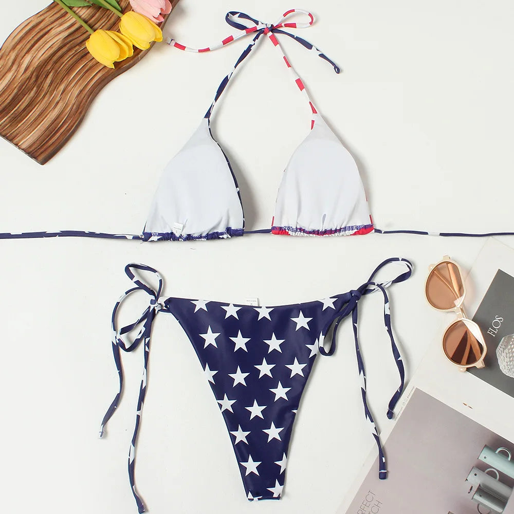 Sexy Bikini 2024 Women USA Flag Print Bra Underwear Lingerie Swimsuit Low Waist Bikinis Sets Beach Swimwear