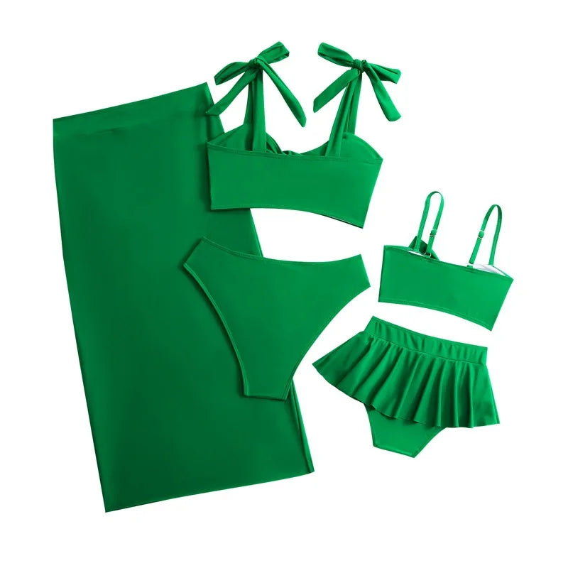 2025 Summer Family Matching Swimsuit Bikini Mother Daughter Bow Swimwear Mom Baby Girls Clothing Set 3PCS Mom's Swimsuit Skirt