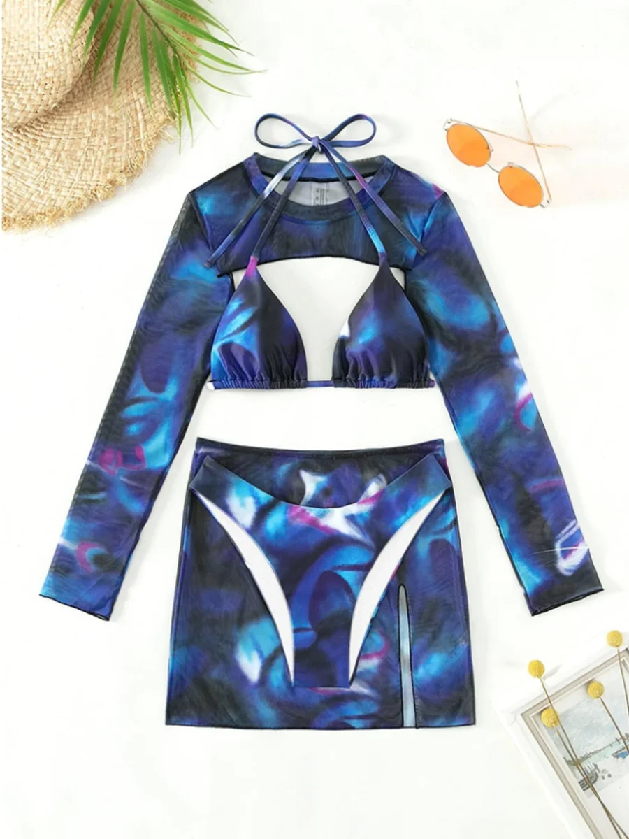 2026 Print 4 Pieces Triangle Halter String Bikini Swimsuit Women Swimwear Female Bathers Bathing Swimming Swim Suit