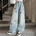 Autumn Girls' Jeans Cartoon Embroidered Children Denim Pants New Kids Loose Straight-leg Trousers Teenager Spring Clothing 4-14Y