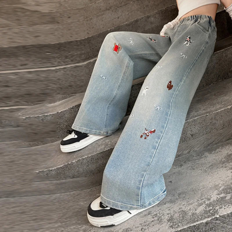 Autumn Girls' Jeans Cartoon Embroidered Children Denim Pants New Kids Loose Straight-leg Trousers Teenager Spring Clothing 4-14Y