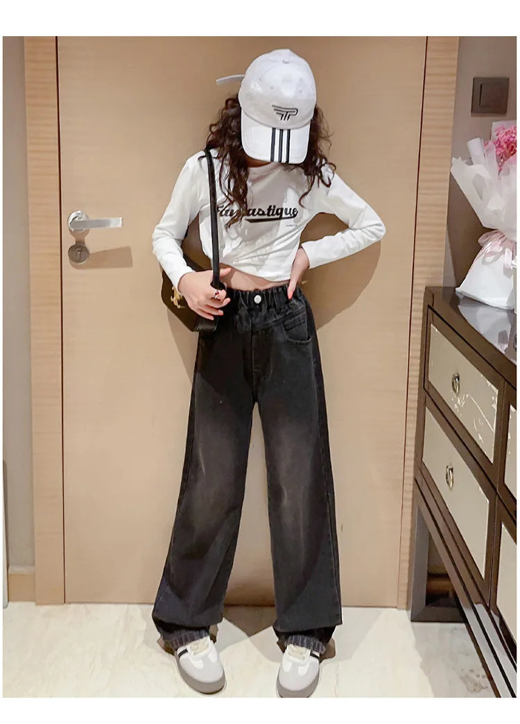 Children Winter Insulated Jeans for Girl Warm and Thick Thermal Denim Pants Teen Kids Fashion Fleece-Lined Street Trousers