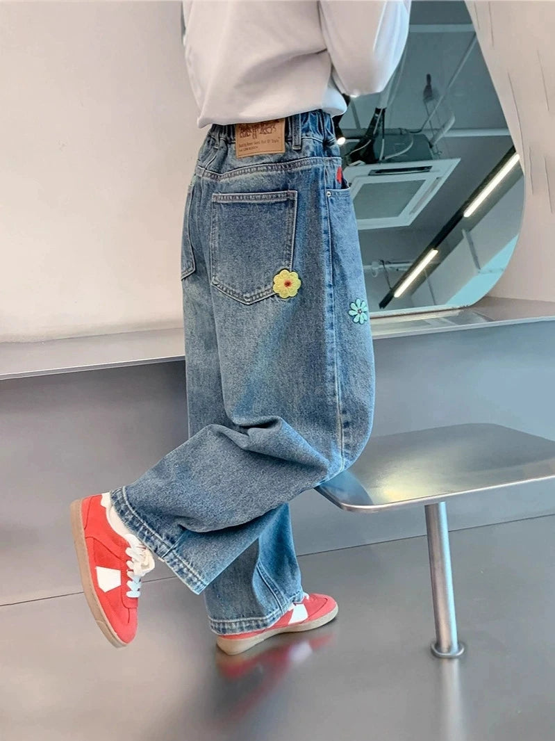 Teenagers Spring Girls Jeans Flower Children Trousers Autumn Girls Denim Wide Leg Pants Birthday Gifts 5-16 Years Kids Clothes